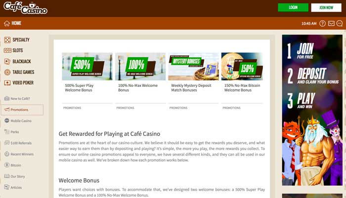 Cafe Casino Promotions Screenshot