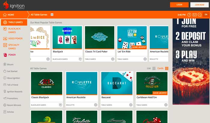 Ignition Casino Table Games Screenshot