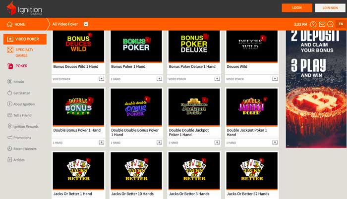 Ignition Casino Video Poker Screenshot