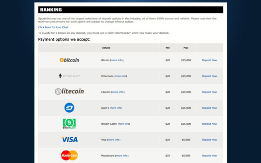Sportsbetting.ag Banking Screenshot
