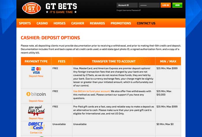 GTBets Deposit Options Screenshot