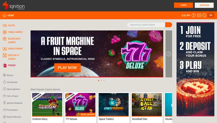 Ignition Casino Home page Screenshot