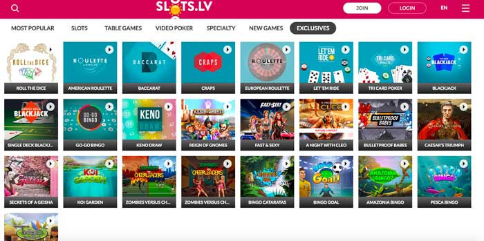 Slots.lv Casino Exclusives Screenshot