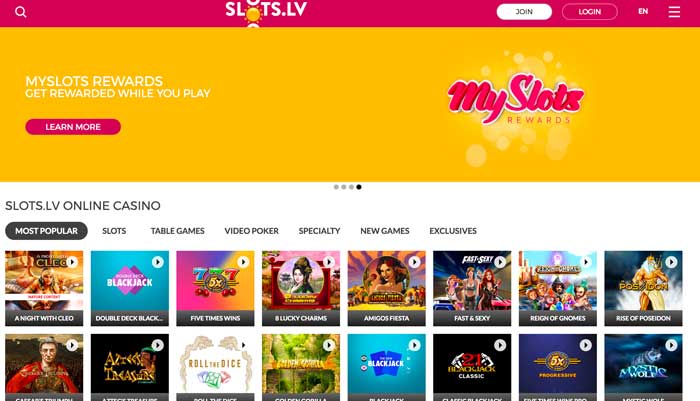 Slots.lv Casino HomePage Screenshot